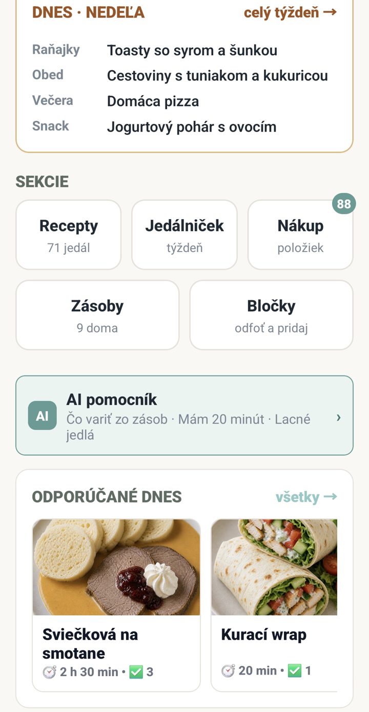 Domovská obrazovka MamaMind — jedálniček na dnes, recepty, nákup a zásoby