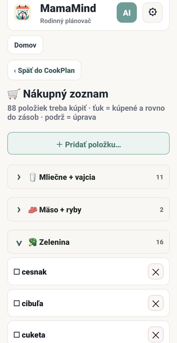 Nákupný zoznam v MamaMind roztriedený podľa kategórií