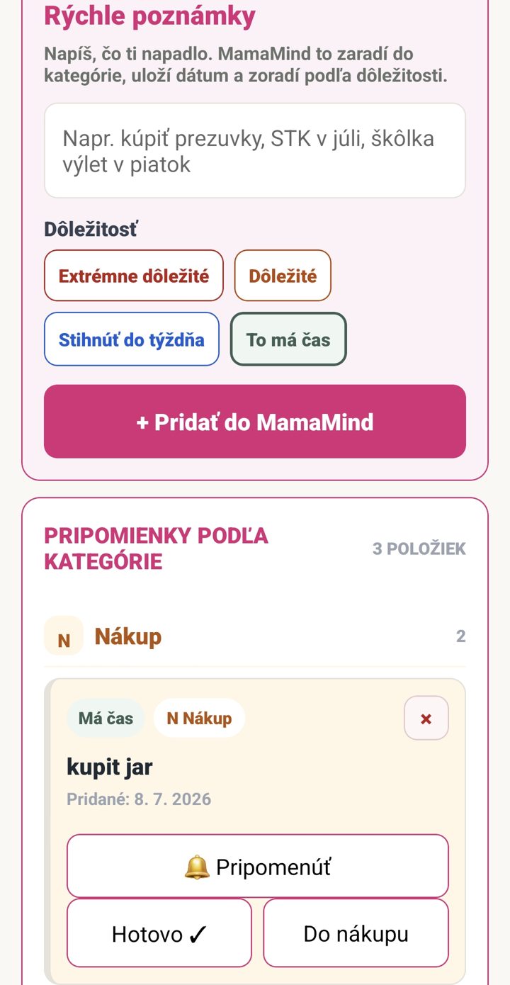 Rýchle poznámky v MamaMind — appka ich zaradí a pripomenie