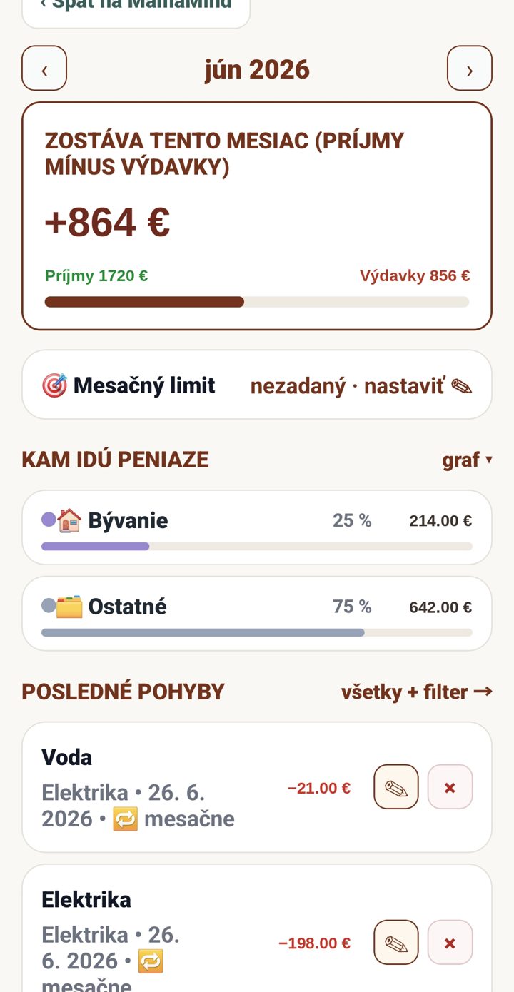 Rodinný rozpočet v MamaMind — príjmy, výdavky a kam idú peniaze