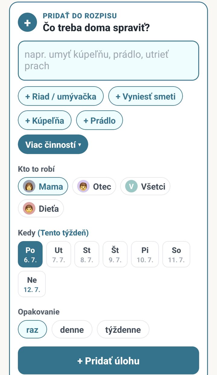 Rozpis domácich úloh v MamaMind pre celú rodinu